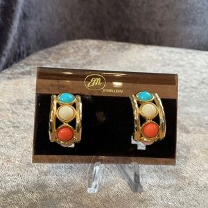 Vintage Gold, Pink, Orange, White and Teal Clip On Earrings, New